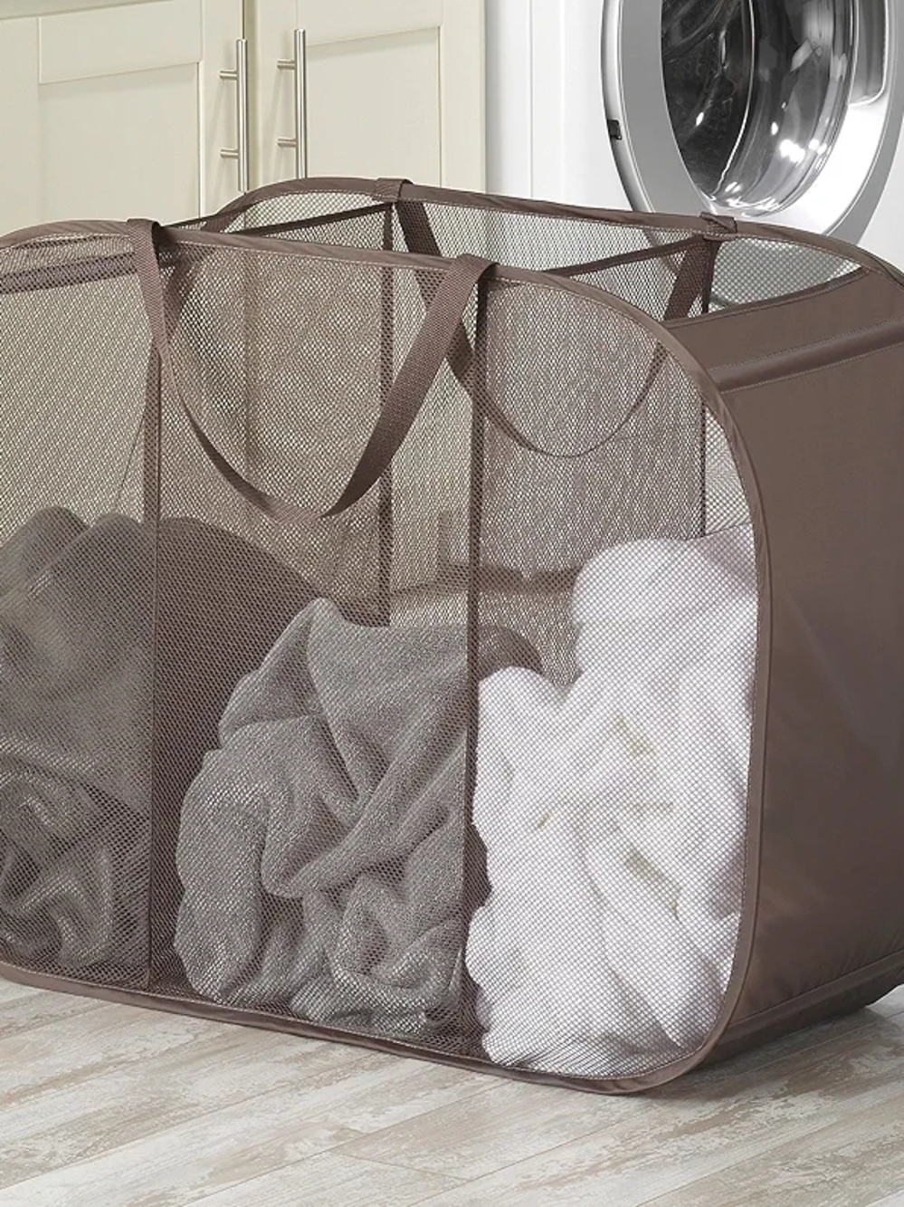 Whitmor Pop & Fold Brown Mesh Triple Laundry Sorter New